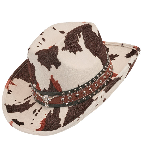 Cowboyhoed met koeienprint in roomwit en bruin, met studband en zilveren stierenkop