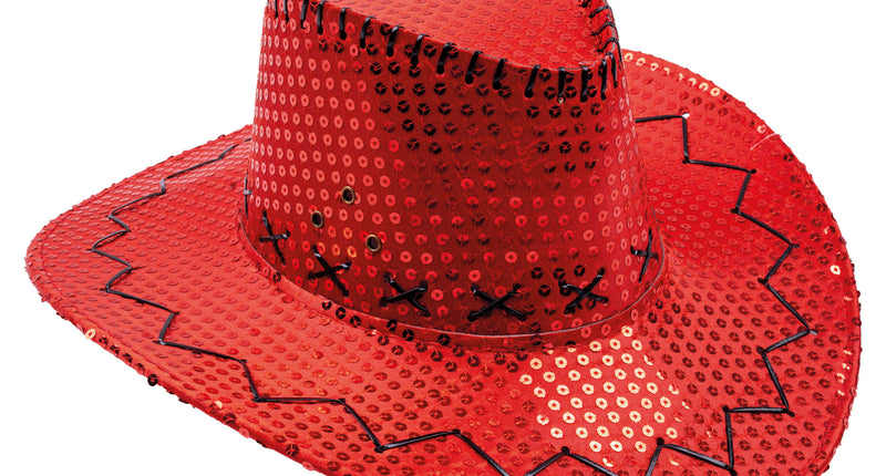 Cowboyhoed pailletten rood met zwart zigzagveterwerk op de rand en metalen oogjes, voor een discofeest