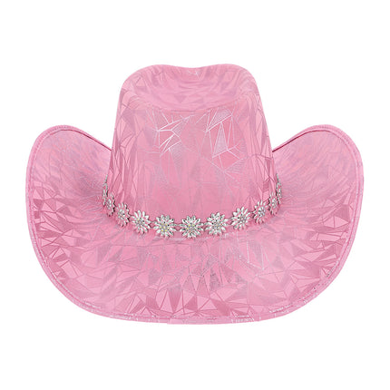 Cowboyhoed Pink prism los van voren met opgekrulde rand en band van zilverkleurige bloemen
