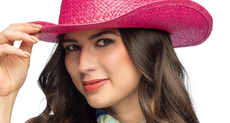 Cowboyhoed Pink sunset in felroze, gedragen met de rand licht omhoog, voor een westernfeest