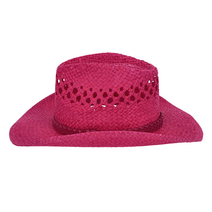 Cowboyhoed Pink sunset van opzij met opengewerkte bol en gevlochten band in donkerroze