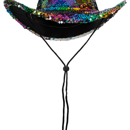 Cowboyhoed met regenboogpailletten, opgekrulde rand en zwart koord met knijpsluiting