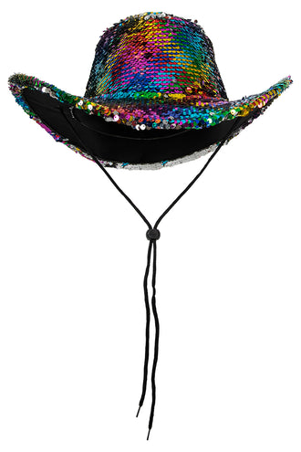 Cowboyhoed met regenboogpailletten, opgekrulde rand en zwart koord met knijpsluiting