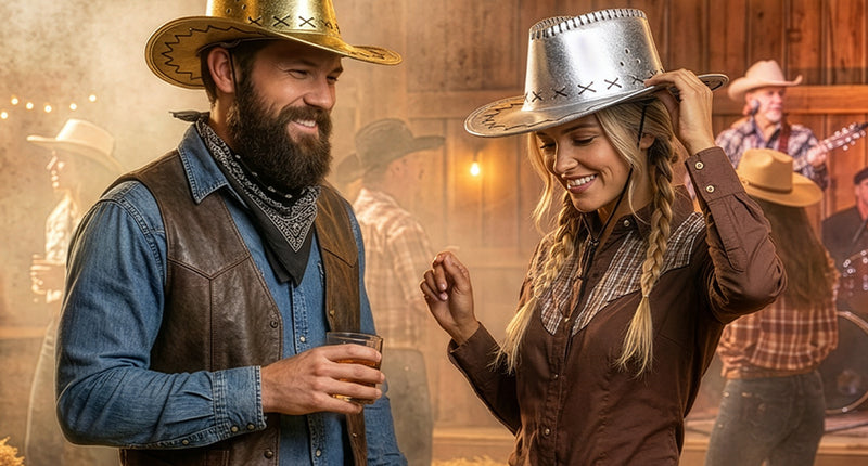 Cowboyhoed Savanne goud met kinkoord gedragen door een man in westernoutfit op een feest in een schuur