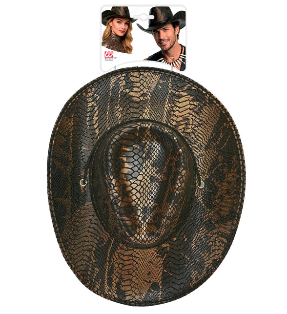 Cowboyhoed slangenprint van bovenaf met ingedeukte bol en metalen oogjes in de rand