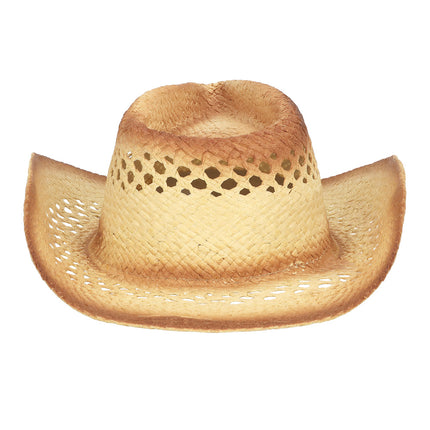 Cowboyhoed Sunville vooraanzicht met ingedeukte bol, ruitvormig open vlechtwerk en omhoog gekrulde rand