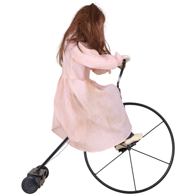 Cycling Cindy animatronic van achteren, roze jurk met vale vlekken en zwart frame op rolletjes