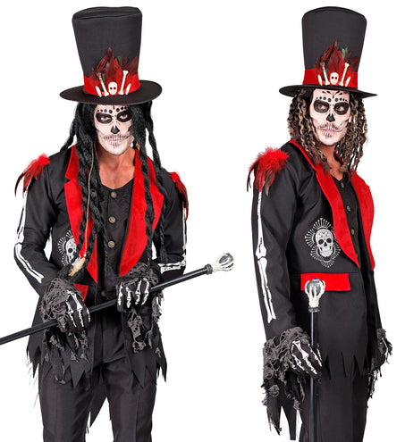 Dag van de doden jas Vera in zwart met rode kraag en botopdruk op de mouwen, voor Halloween