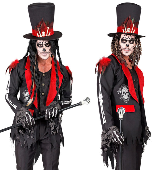 Dag van de doden jas Vera in zwart met rode kraag en botopdruk op de mouwen, voor Halloween