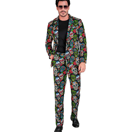 Dag van de doden pak heren, open jas met revers en zwart shirt eronder, voor Halloween