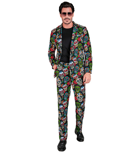 Dag van de doden pak heren, open jas met revers en zwart shirt eronder, voor Halloween