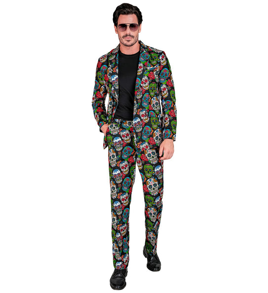 Dag van de doden pak heren, open jas met revers en zwart shirt eronder, voor Halloween
