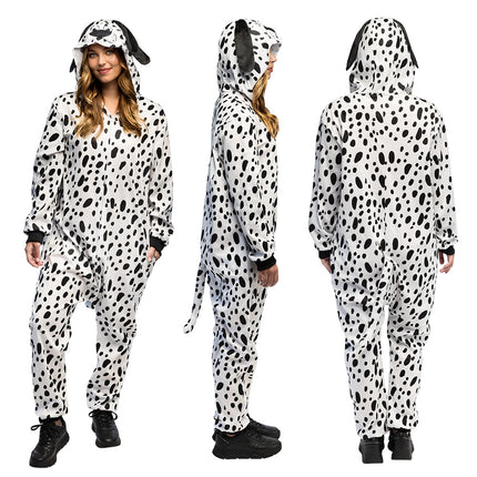 Dalmatiërjumpsuit van voren, opzij en achteren, met gevlekte staart en capuchon met oren