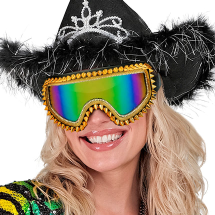 Dame draagt ski-bril 80's goud Anouk met regenbooglens op een foute party