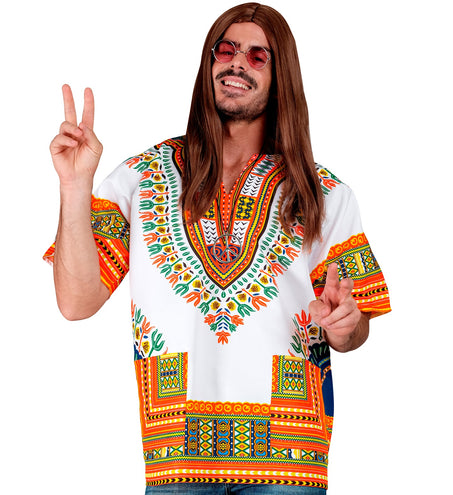 Dashiki shirt Jimmy wit oranje, korte mouwen met gestreepte randen en brede gekleurde banen langs de zoom