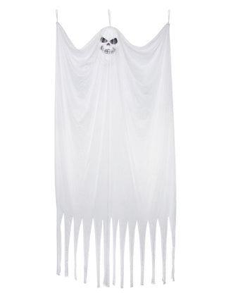 Decoratie hangend spook in wit gaasdoek met doodskopgezicht en punten aan de onderkant, halloweendecoratie