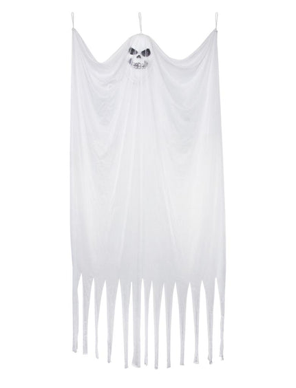 Decoratie hangend spook in wit gaasdoek met doodskopgezicht en punten aan de onderkant, halloweendecoratie