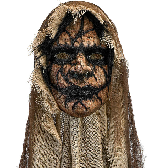 Demonenmasker met cape voor heren, bruin gezicht met zwarte scheuren en jutekleurige kap