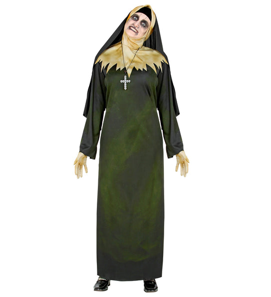 Demonisch nonnenpak dames in zwart met groene vlekken, sluier en schedelkruis voor Halloween