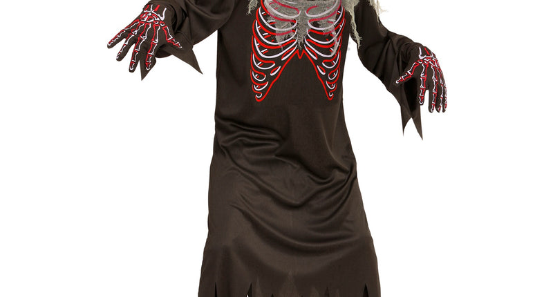 Demoon pak kinderen met bruinzwart gewaad, rode skeletopdruk en masker met oplichtende ogen voor Halloween