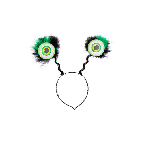 Detail van alien haarband: groen-gele iris met rode adertjes en gedraaide veertjes