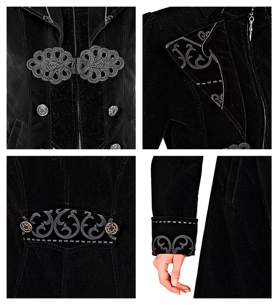 Detail van de gothic jas dame Vera: koordgesp, revers met krullenmotief en manchet met bies