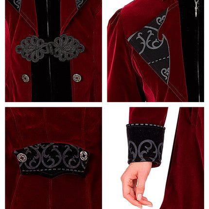Detail gothic jas: zwarte passementsluiting, zilverkleurige sierknopen en manchet met krulprint