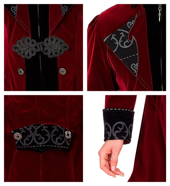 Detail gothic jas: zwarte passementsluiting, zilverkleurige sierknopen en manchet met krulprint