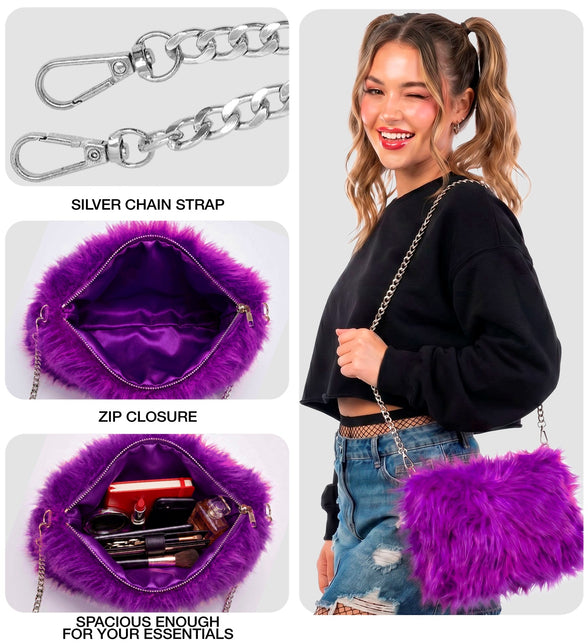 Detail van paarse pluche handtas: gevoerd interieur, rits en zilveren karabijnhaakjes