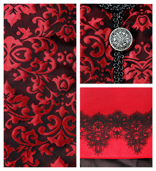 Detail van rood-zwart jacquardmotief, zilverkleurige sierknoop en zwarte kanten rand van het vampierkostuum