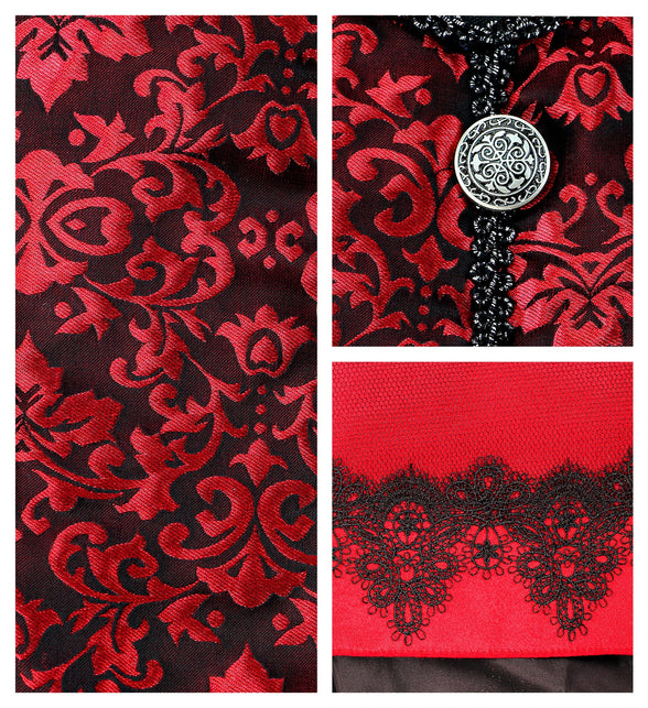 Detail van rood-zwart jacquardmotief, zilverkleurige sierknoop en zwarte kanten rand van het vampierkostuum