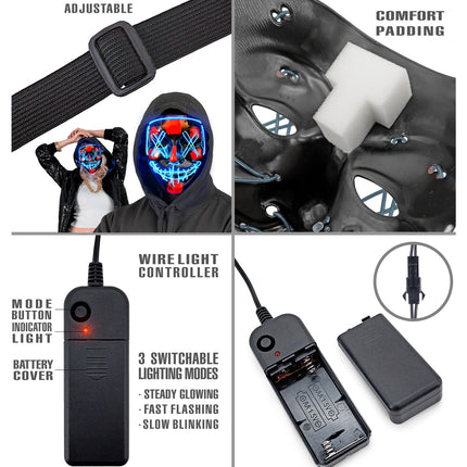 Detail Scary masker blauw led: verstelbare elastieken band, schuimvulling en batterijhouder met 3 standen