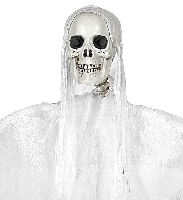 Detail van de witte schedel met zwarte oogholtes en tandenrij van de grimreaper decoratie