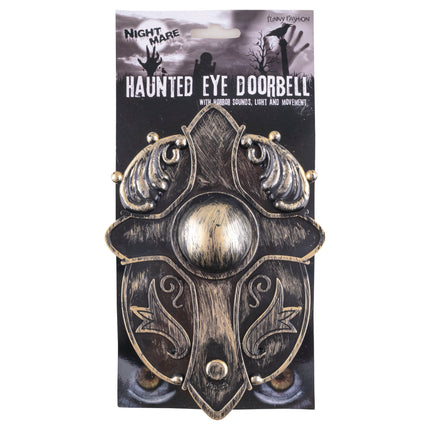 Deurbel met bewegend oog op verpakkingskaart, sierplaat met krulmotieven voor de voordeur met Halloween