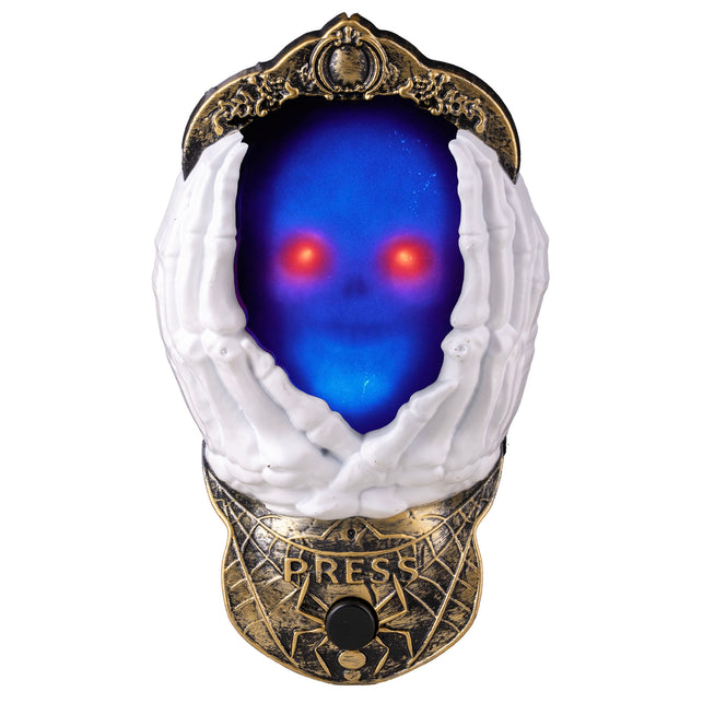 Deurbel met doodshoofd met blauw oplichtende schedel, rode ogen en witte skelethanden voor Halloween