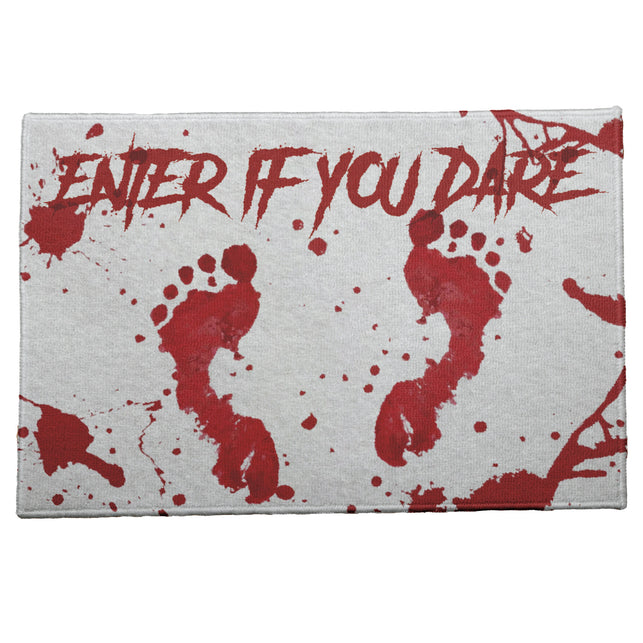 Deurmat Enter if you dare in wit met rode bloedspatten en voetsporen, 60 x 40 cm, voor Halloween
