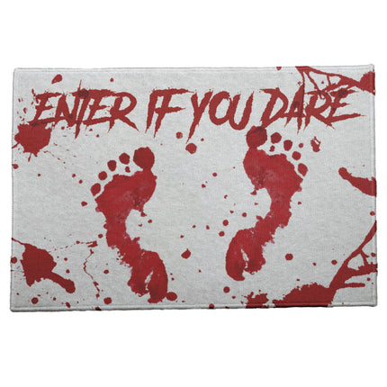 Deurmat Enter if you dare in wit met rode bloedspatten en voetsporen, 60 x 40 cm, voor Halloween