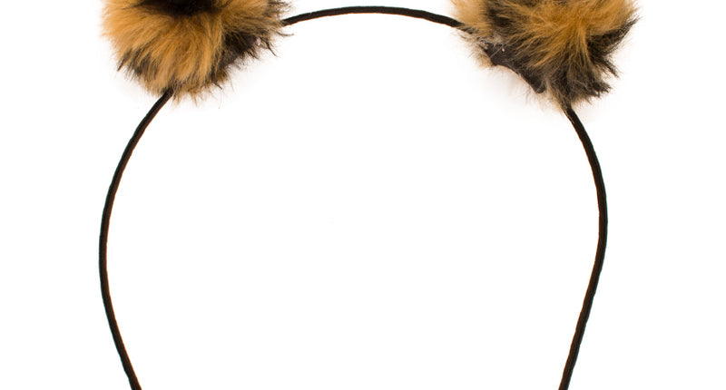 Diadeem bol panter met twee pluizige bruin-zwarte bolletjes op een smalle zwarte haarband