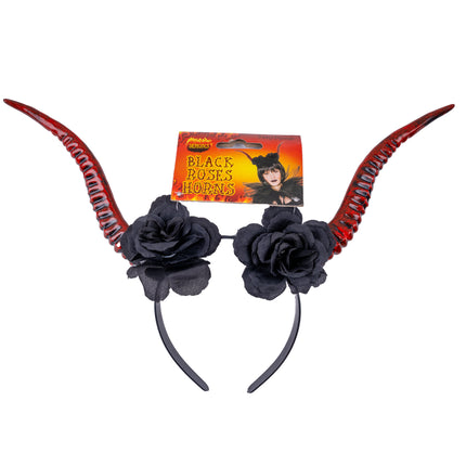 Diadeem met duivelshoorn en bloemen op kaart, smalle zwarte haarband met twee gebogen hoorns