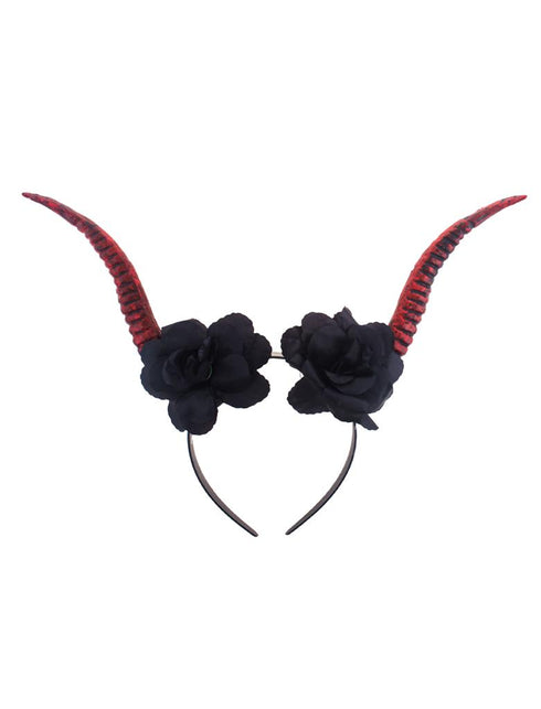 Diadeem met duivelshoorn en bloemen, rood-zwarte hoorns met vier zwarte rozen voor Halloween