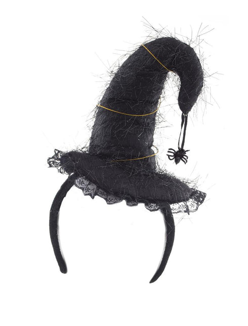 Diadeem mini heksen hoed in zwart met kanten rand, gouden koord en hangend spinnetje voor Halloween