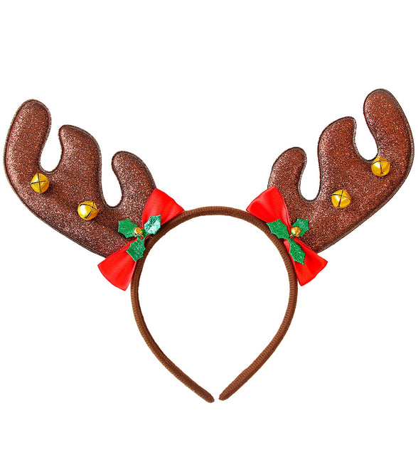 Diadeem rendierhoorntjes Fred met bruine glittertakken, gouden belletjes en rode strikjes voor Kerst