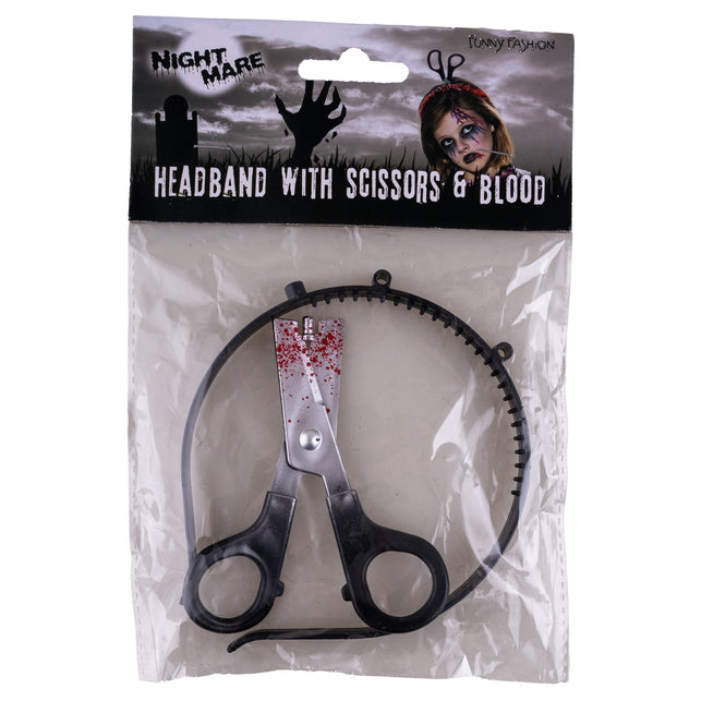 Diadeem schaar door hoofd van Funny Fashion in verpakking, zwarte haarband met bebloede schaar