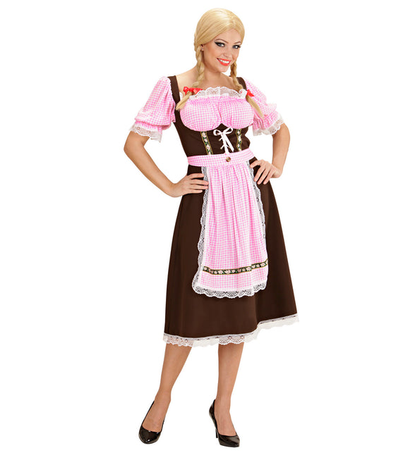 Dirndl Andrea met roze-witte geruite schort en witte rijgveter op het bruine lijfje