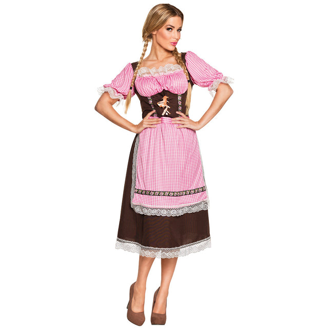 Dirndl Frau Schmidt vooraanzicht: bruin lijfje met siermotief, pofmouwen met kant en geruit schort