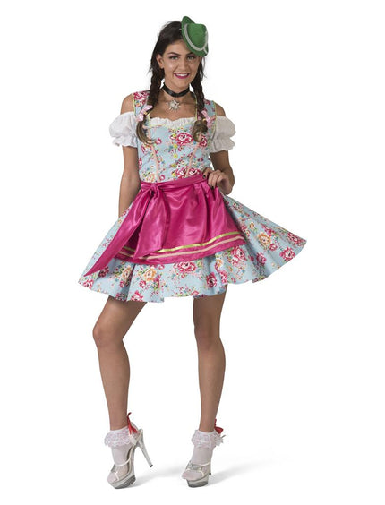 Dirndl jurk Hilda dames met lichtblauwe bloemenprint, witte pofmouwen en felroze schort voor het Oktoberfest