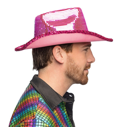 Disco cowboyhoed roze in zijaanzicht, met spiegelbol en effen lichtroze onderkant van de rand