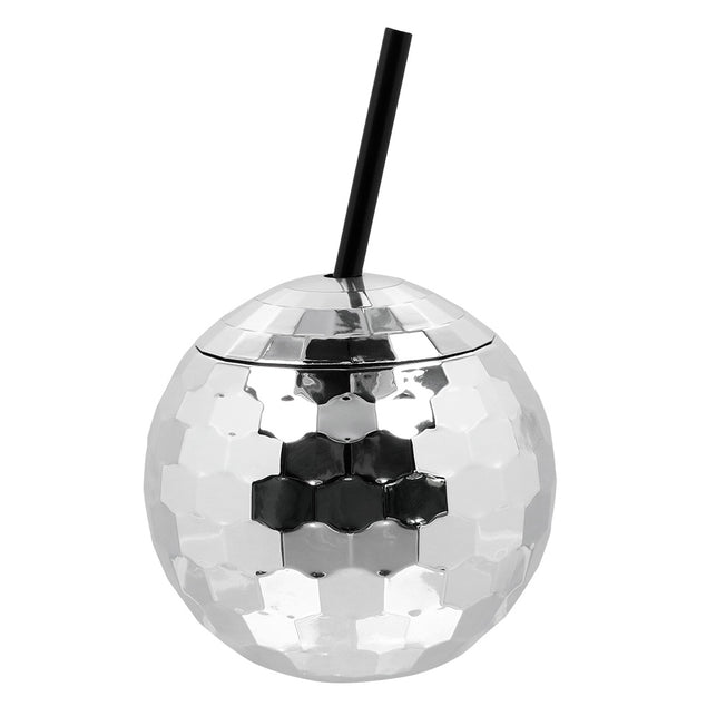 Discobal drinkbeker zilver met facetten, deksel en zwart rietje van 60 cl voor een discofeest