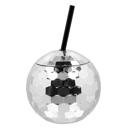 Discobal drinkbeker zilver met facetten, deksel en zwart rietje van 60 cl voor een discofeest