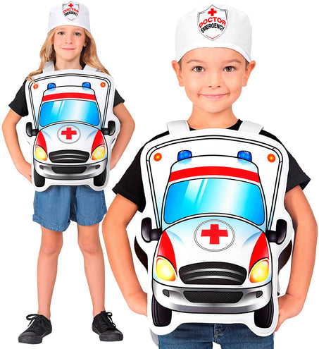 Dokter pak kind met witte ambulance-tabard en pet met rood kruis, gedragen door meisje en jongen
